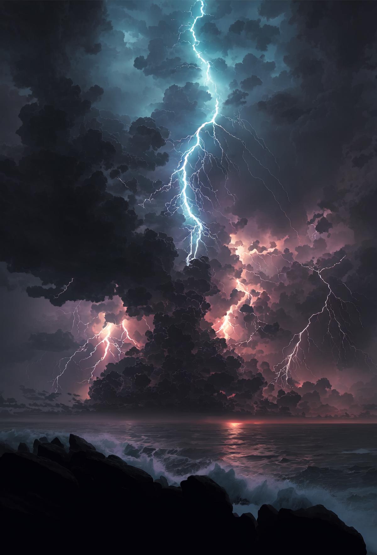 A dramatic and powerful storm, with lightning illuminating the sky and rain pouring down, painting by unknown